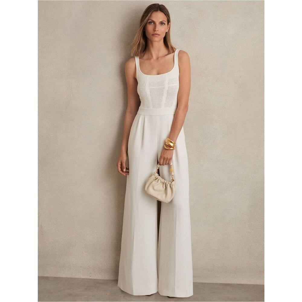 Reiss Carla Perforated-Knit Wide-Leg Jumpsuit in Ivory in size 12